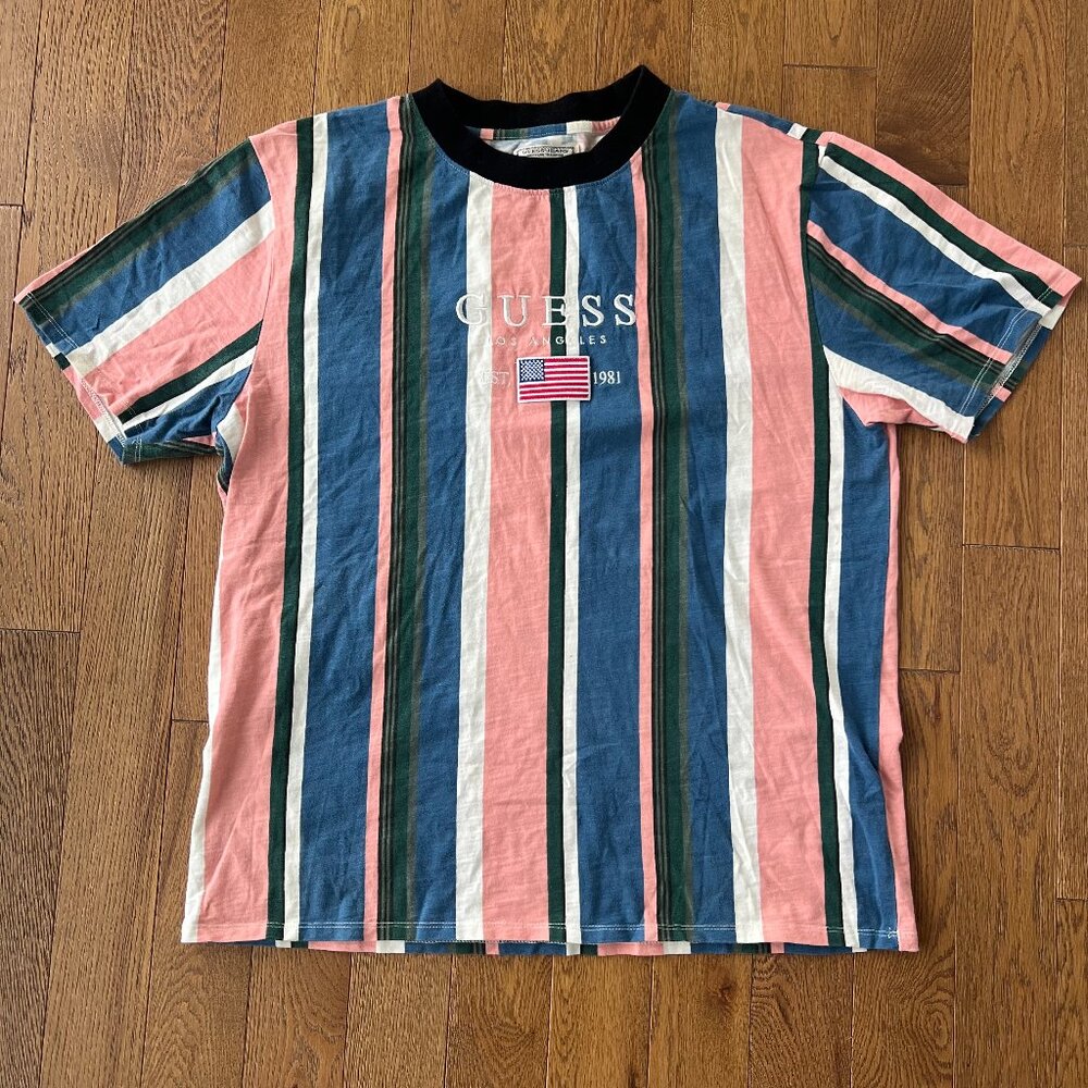 Guess Jeans Striped Logo Tee Men Sz L | 90s Retro 100% Cotton‎ Graphic Shirt